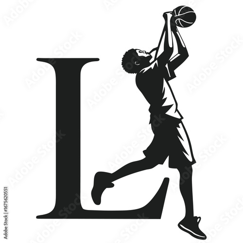 Basketball player silhouette with letter L for logo or graphic design purposes showing athleticism and sports imagery concept isolated on white background