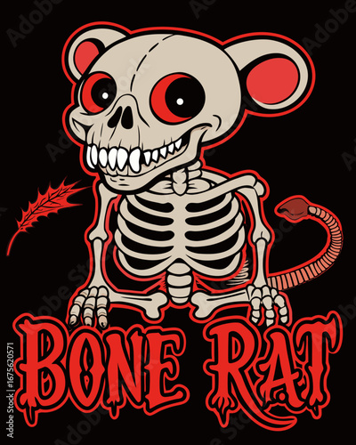 skeleton rat with glowing red eyes gothic font