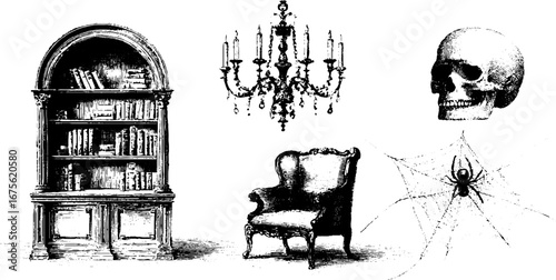 Gothic revival halloween library design with skull, chandelier, chair, and spider web engraving