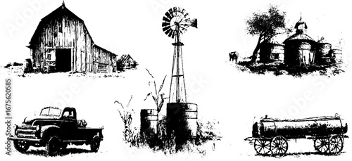 Rural life during the great depression: vintage engraved design elements for posters