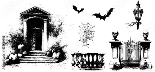 Halloween art nouveau mansion and decorations for posters or cards