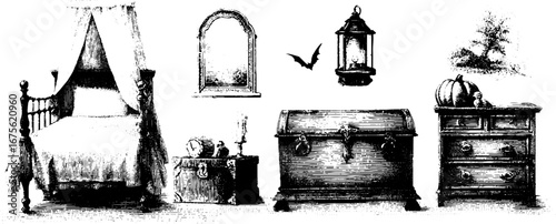 Vintage halloween children's bedroom design with engraved elements