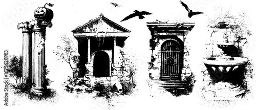 Halloween classical ruins with spooky elements for design and decoration