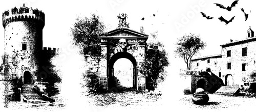 Halloween medieval castle engraving design element with bats and skulls for spooky decorations