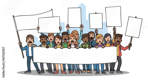 Diverse crowd of cartoon activists in a demonstration, holding blank protest signs and a large banner for custom text