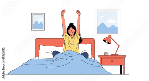 Woman waking up in bed, stretching arms ready to start the day with a smile and energy