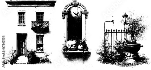 Halloween modernist architecture with pumpkin engravings for design and decoration