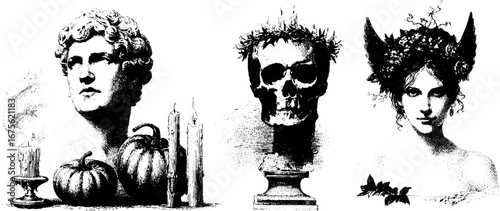 Halloween mythological scene with candlelit pumpkins, skull, and enigmatic figures for decorative design