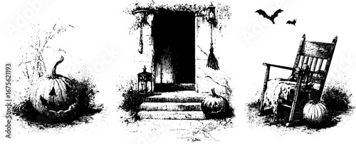 Vintage halloween porch scene with pumpkins and rocking chair for autumn decor