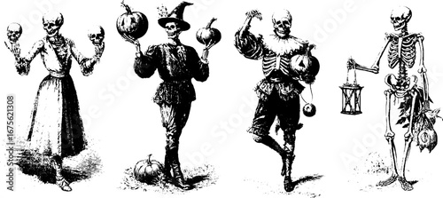 Halloween skeleton performers in vintage engraving style for holiday design