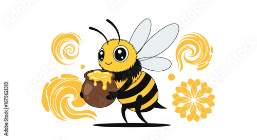 Smiling bee mascot holding honey pot illustration perfect for branding, logos, and design projects