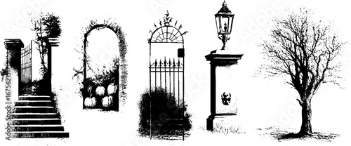 Haunted house exterior with engraved design elements for halloween decoration