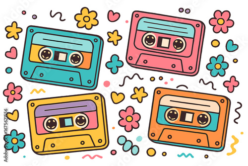 Retro cassette tapes with cheerful colorful patterns, vibrant playful design, cartoon style vintage music audio tapes, 80s nostalgic pop art vector illustration