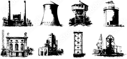 Industrial revolution factory designs – engraved sketch collection for vintage art projects