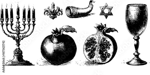 Jewish ritual symbols collection featuring menorah, shofar, star of david, pomegranate, and kiddush cup