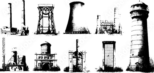 Vintage industrial revolution factory designs - engraved silhouette collection for retro projects