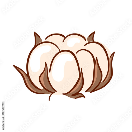 Flat style logo of a cotton boll with fluffy white fibers and brown shell isolated on white background for textile agriculture and organic product design.