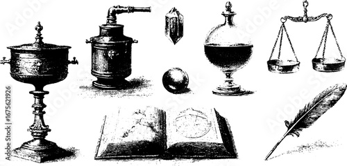 Medieval alchemist lab elements collection for vintage design and decor