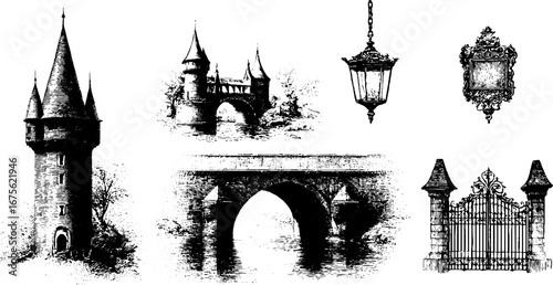 Medieval bridge and castle engraving collection for historical design projects