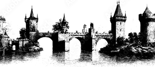 Medieval bridge scene with towers and arches in engraving style for historical design elements
