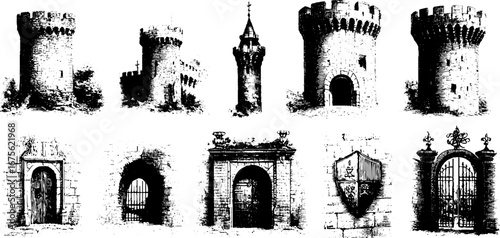 Medieval fortress engraving design elements collection for historical art and architecture themes