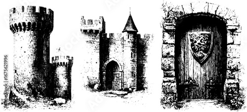 Medieval fortress design elements set - vintage engraving collection for historical themes