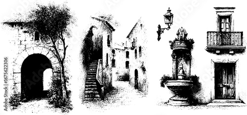 Vintage engraved collection of old town street elements for retro design