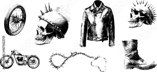 Punk biker crossover elements for design: skull, helmet, leather jacket, motorcycle, chain