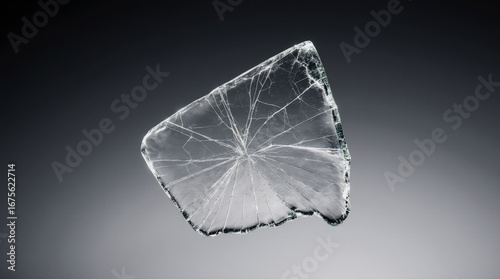 A solitary shard of clear glass with sharp cracks and edges contrasts against a matte dark background, with a modern minimalist feel
