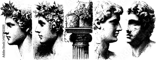 Roman marble busts and column engraving design elements collection for vintage decor
