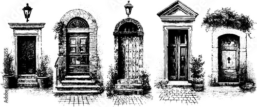 Rustic door engraving collection: vintage architectural sketches for design and decor