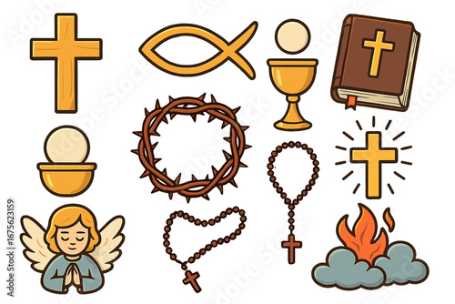 Symbols of Christian faith illustrated in various designs representing spirituality, religious expression, icons, and sacred elements in vector cartoon style