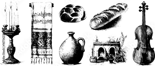 Shtetl daily life elements: traditional engraving collection for cultural design