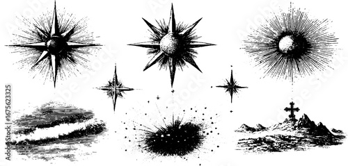 Celestial starburst engravings and starlight design elements collection for creative projects