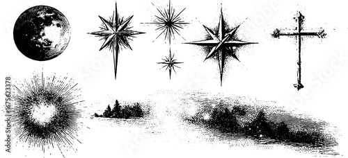 Starlight effects and celestial engraving design elements for creative projects