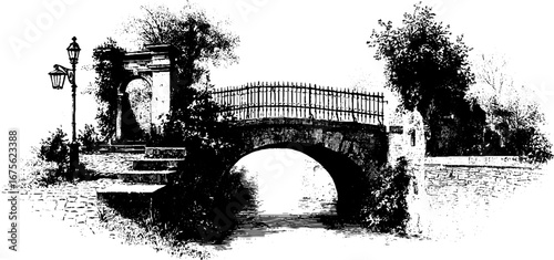 Vintage stone bridge engraving design elements for artistic and architectural projects
