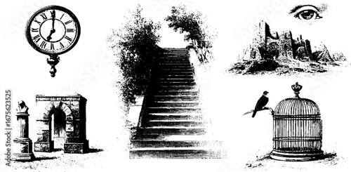 Surrealist engraving collection: vintage design elements for creative projects