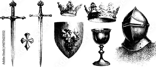 Templar order engraving collection: swords, helm, shield, and crowns for historical design