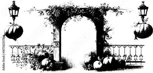 Art nouveau thanksgiving design with pumpkins and lanterns for seasonal decor