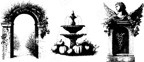 Thanksgiving renaissance hall design with fountain and arch in engraving style