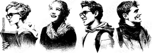 University students in vintage engraving style for design elements