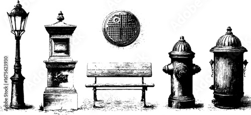 Urban street elements collection: vintage engraving design for retro art and decor