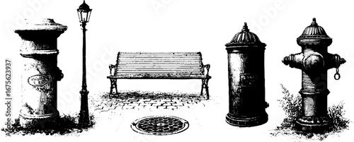 Urban street design elements collection - vintage bench, hydrants, and lamp post illustration