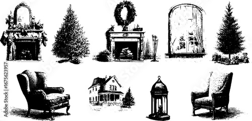 Victorian christmas living room engraving design for holiday decor
