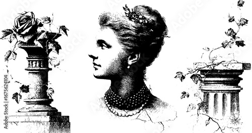 Victorian lady bust and floral elements engraving for retro design projects