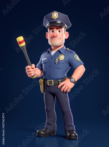 Cartoon Police Officer Character Holding Baton with Confident Stance