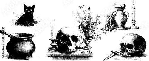 Witchcraft altar elements collection with skulls, cat, and candles for dark magic themes