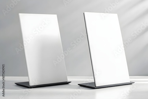 Two blank white vertical display stands on a grey surface