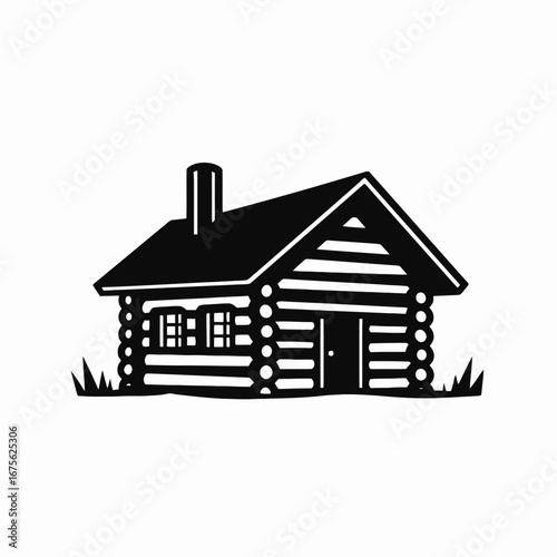 Rustic log cabin illustration with chimney, door, and window silhouette