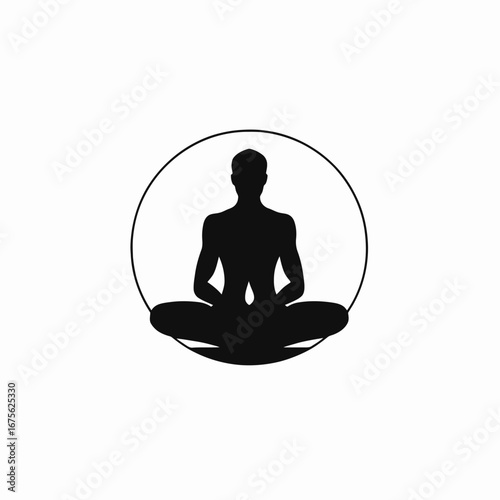 Meditating figure in lotus position within circular frame as minimalist silhouette